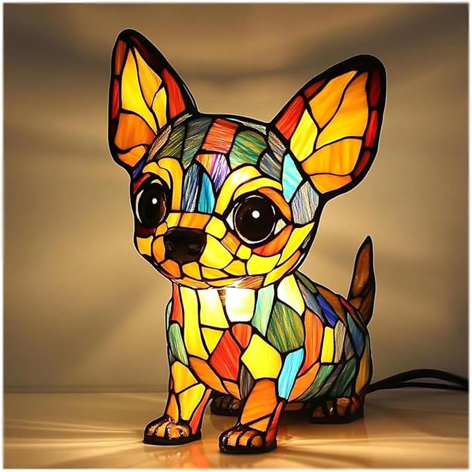 Rainbow Puppy Lamp Stained Glass Dog Night Light 3D Retro Stained Resin Rainbow Pup Lights Charge Powered Table Lamp Puppy Glow Lamps for Home Bedroom Desk (F)