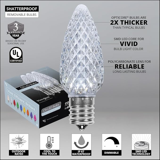 Wintergreen Lighting 50 C9 OptiCore LED Commercial Outdoor Christmas Lights – Heavy Duty Christmas String Lights; Green Wire (50 ft, Cool White)