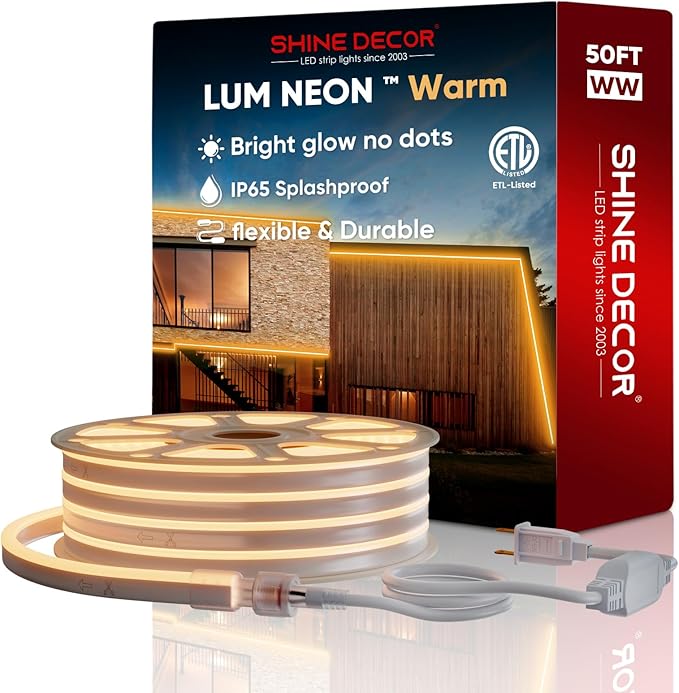 Shine Decor 50FT LED Neon Rope Lights, Bright 2500K Warm White AC110V-120V Neon Strip Light, 8x16mm Cuttable Waterproof SMD2835 120LED/M Indoor Outdoor Light Strips, DIY Ambiance Lighting Decoration