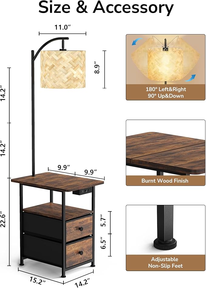 JACKYLED Floor Lamp with Table & 2 Drawers, 3 Color Temperature End Table Flood Lamps with Charging Station (USB, Type-C, AC), Vintage Side Table with Lamp for Reading, Bedroom, Living Room