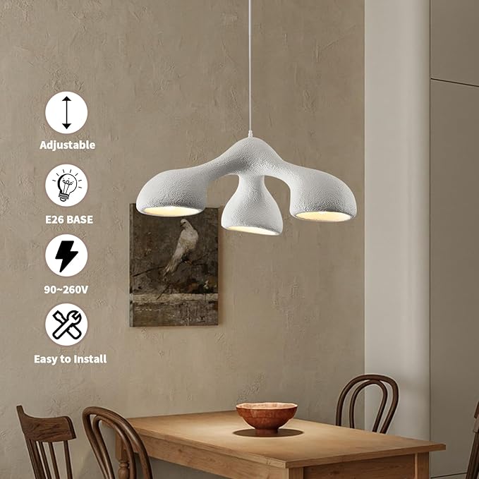 JAYMP 3-Lights Pendant Light Fixture for Dining Room Kitchen Island Restaurant Farmhouse E26 Base Mid Century Modern Hanging Lamp 1 Pack (Matte White,E Shape, 72cm/28.3in)