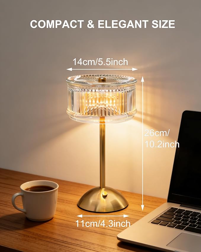 Cordless Table Lamp, Crystal Rechargeable Battery Operated Lamp, 3-Color Stepless Dimmable Touch Lamp, 2000mAh Portable LED Nightstand Lamp for Restaurant, Bedroom, Patio, Antique Bronze