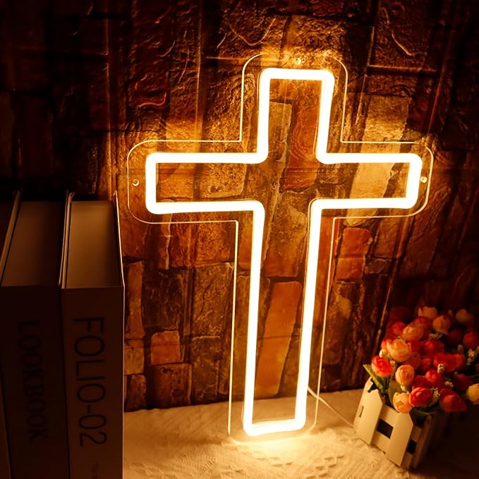 Christ Jesus Cross Neon Sign for Wall Decor USB Powered Dimmable Led Light Up Signs for Bedroom Men Cave Christening Day Baby Shower Decor Xmas Easter Christian Gifts for Religious Kids