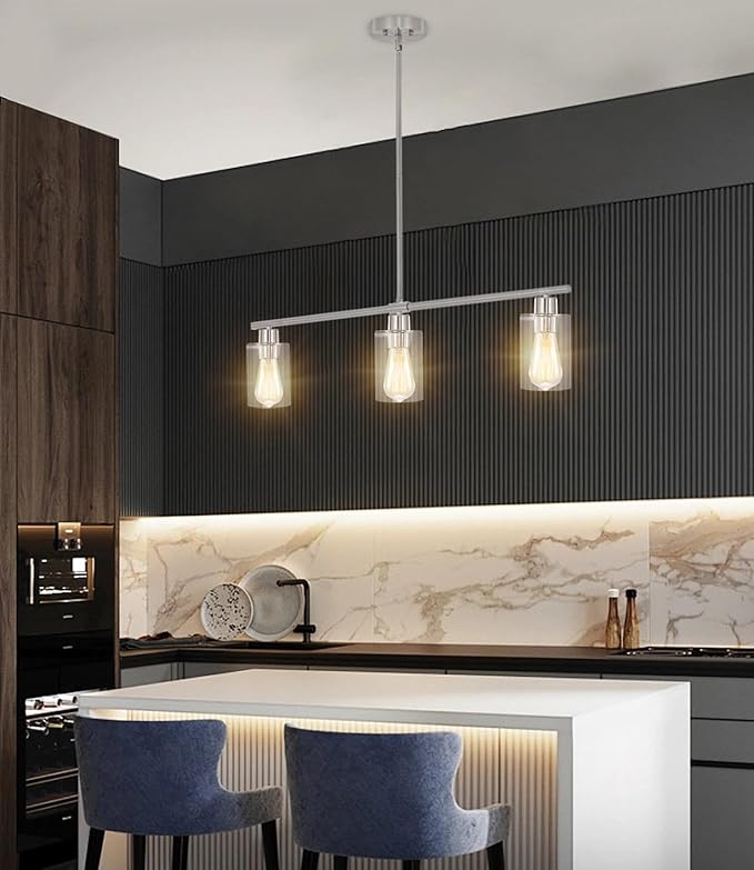 ETONIMERR Brushed Nickel Glass Pendant Lighting Over Island 3 Light Modern Kitchen Pendant Light with Glass Shade Industrial Linear Pendant Lighting for Kitchen Island
