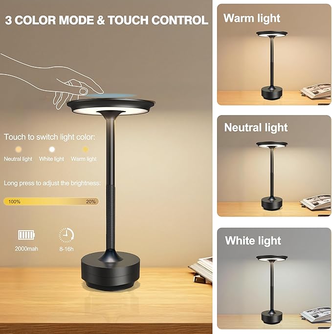 Ecolume Cordless Table Lamp,LED Portable Battery Operated Lamp, Dimmable Stepless 3-Color LED with Memory Function. Portable for Home Office/Dinner/Restaurant/Living Room.(Black&2Pack)