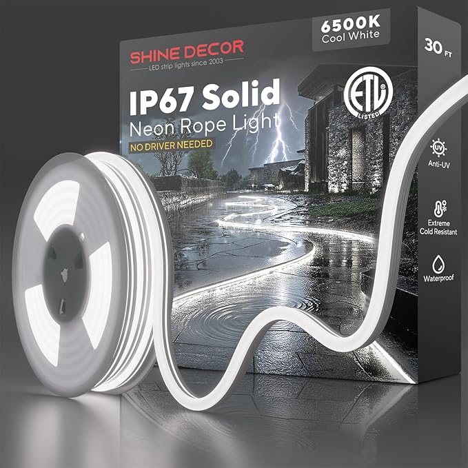 Shine Decor Outdoor Neon Rope Light IP67 Waterproof, ETL Listed Plug&Play 120V Driverless Flexible Solid Silicone LED Neon Lighting, -40 F Cold Resistant Durable for Pathway, 29ft 6500K Cool White