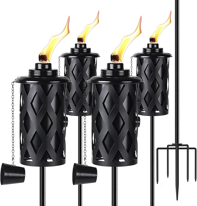 Upgraded 60 Inch Citronella Torches for Outside Set of 4, 16 Oz Outdoor Garden Torches with 5-Prong Grounded Stake, Metal Torch for Garden Décor, Outside Torches for Backyard, Garden, Patio