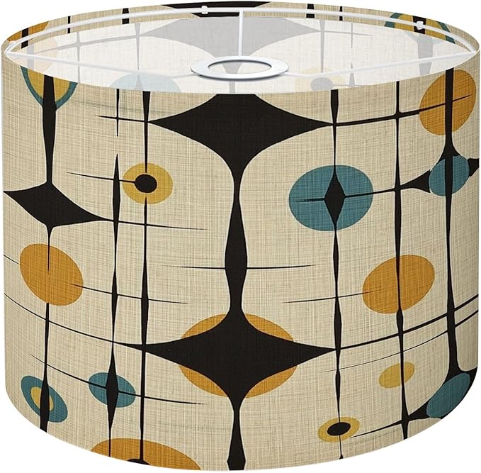 Drum Lamp Shade Mid Century Vintage 1950s Modern Retro Atomic Pattern Circular Motifs Lampshade for Floor Lamps Table Lamps Pendant Light 8.9"x11" Linen Lampshades Replacement Large Lamp Shade