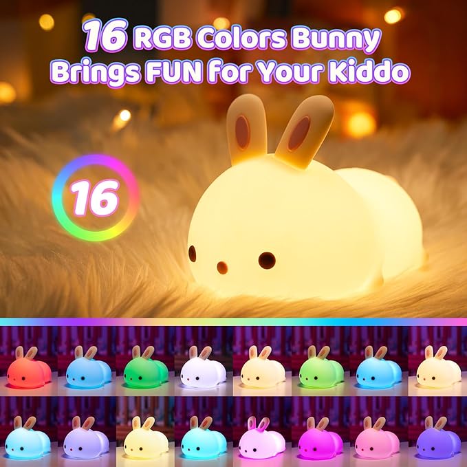 OneFire Easter Bunny Gifts for Kids, 16 Colors Night Light for Kids Cute Lamp, Soft Silicone Baby Night Light, 1200mAh Portable Dimmable Bunnies Touch Lamps, Easter Gifts Bunny Toys Kawaii Room Decor