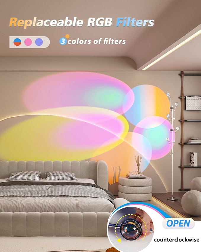Halo Projector Floor Lamp - 4000K LED Multi Head Floor Lamp with RGB Filters - Sunset Projection Ambient Lighting - Mood Corner Lamp for Bedroom,Living Room - Chrome