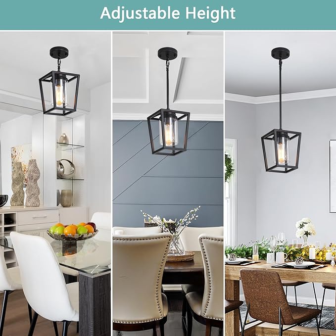 SGLfarmty 1-Light Black Pendant Lights Kitchen Island, Farmhouse Cage Metal Hanging Light Fixtures with Glass Shade，Adjustable Lantern Pendant Lighting for Dining Room, Entryway, Hallway