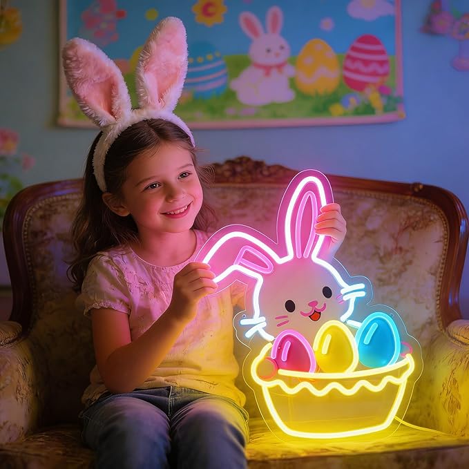 Easter Egg Basket Neon Sign with Bunny - Rabbit Holding Basket Wall Decor, 10-Level Dimmable LED Light, USB Powered Easter Basket Stuffers Gift, 15.7"x12.6"