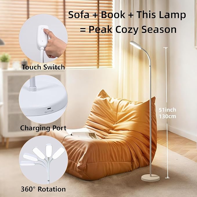 NBPLUS Cordless Portable Floor Lamp, White Touch- Standing Lamp with 3 Color Temperatures, Lightweight & Easy to Carry for Indoor Outdoor Camping Bedroom-White