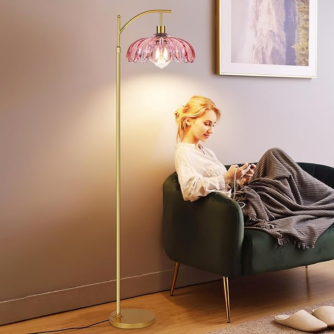 Pink Floor Lamp for Living Room,Bedroom,Glass Mid Century Modern Standing Lamp with Remote,Dimmable Gold Tall Lamp Vintage Arc Floor Lamps Flower Girls Kids Light Boho Bohemian