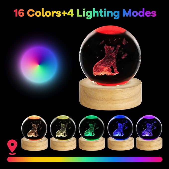 3D Cat Crystal Ball Night Light 2.4in Table Lamp Decor with 16 Colors Change Remote Control and Wooden Base Gifts for Cat Lovers Women Girl Friends Birthday Christmas