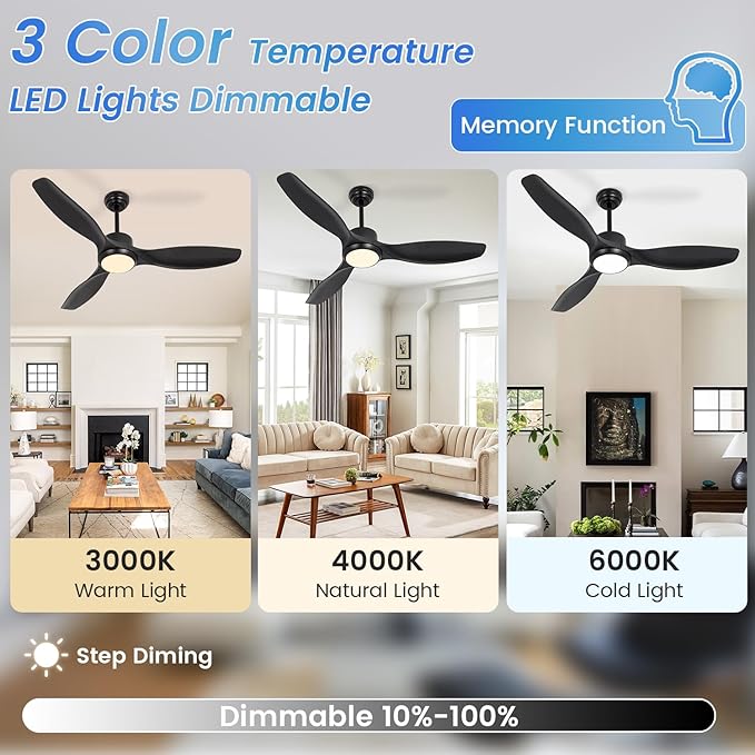 Modern Ceiling Fan with Light, 52 inch, 3 Color Temperature, 6 Speed, DC Motor, for Bedroom/Outdoor/Patios, Black