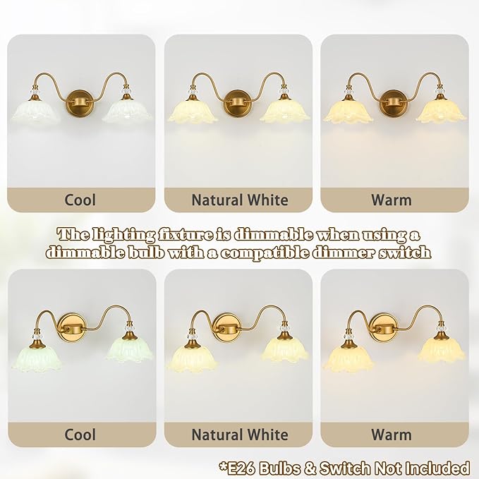 Vintage Bathroom Vanity Light, 2-Light Matte Brass Finish Vanity Light with Floral Yellow Glass Shades, Retro Wall Sconce for Bathroom, Dressing Table