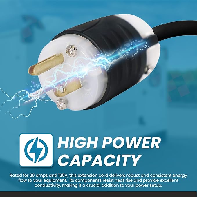 IronBox Electric NEMA 5-20P to 5-20R Extension Cord - 20A, 125V, 12/3 SJT - Heavy Duty Outdoor Generator Cords & Plugs - UL Listed Extension Cable for Data Centers, Camper & More (10 ft, Custom Built)