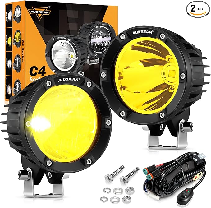 Auxbeam 4 Inch 72W Amber Fog Lights, 2PCS 7200LM LED Round Offroad Light Pods, Yellow Spot Beam Driving Off Road Work Light Bar with Wiring Harness Kit for Jeep Vehicle Pickup Trucks ATV UTV SUV