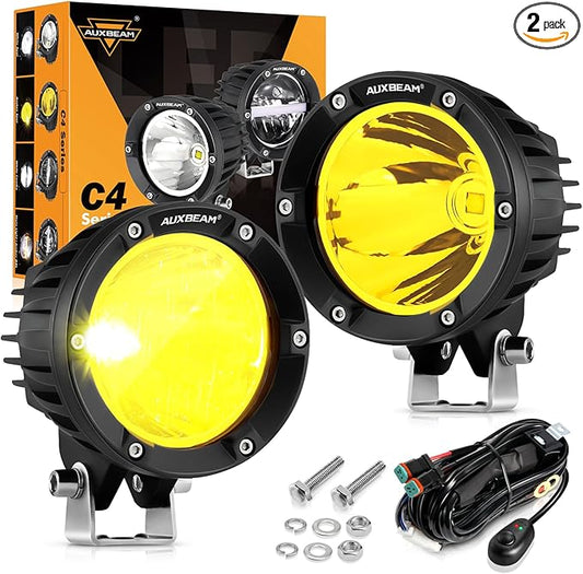 Auxbeam 4 Inch 72W Amber Fog Lights, 2PCS 7200LM LED Round Offroad Light Pods, Yellow Spot Beam Driving Off Road Work Light Bar with Wiring Harness Kit for Jeep Vehicle Pickup Trucks ATV UTV SUV