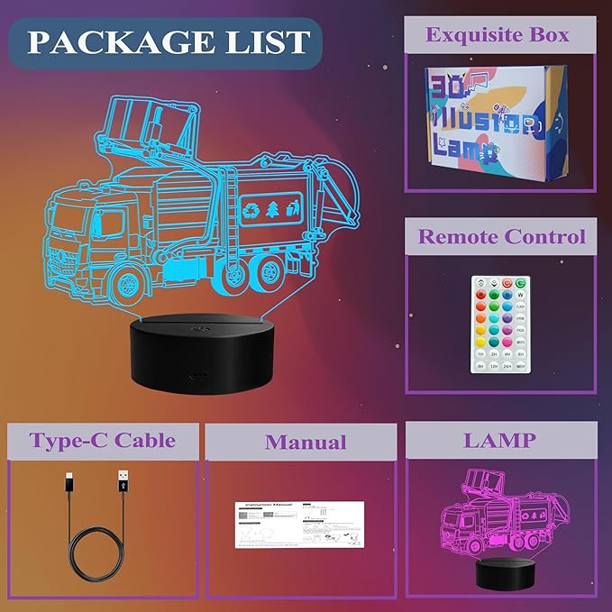 Garbage Truck Night Light, Garbage Truck Gifts, 3D Illusion Lamp with Remote Control, 16 RGB Colors, 4 Flashing Modes, Timer, Dimmable, Trash Truck Gifts Room Decoration for Holiday Birthday Christmas