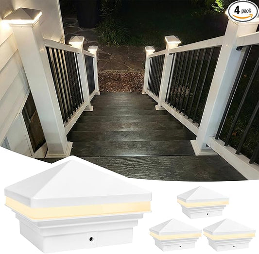 GKOLED 4 Pack Low Voltage Pyramid Post Cap Light, 3W 12V AC/DC, for 4"x4" and 3.5"x3.5" Wood or Vinyl Posts, 2700K Warm White, IP65 Rated Waterproof for Outdoor, White