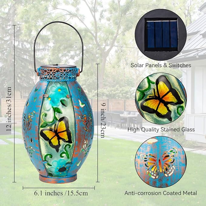 Butterfly Hanging Solar Lantern Outdoor Garden Decor, Butterfly Lantern Memorial Gardening Gifts for Mom Grandma, Solar Lights for Outside Waterproof Table Decor