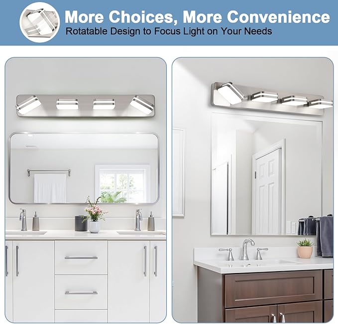 1600LM LED Modern Bathroom Vanity Light Fixtures, 360° Rotate Acrylic Brushed Nickel Vanity Lights for Bathroom, Modern Wall Lighting Fixtures Over Mirror Kitchen Living (Natural White Light 5000K)