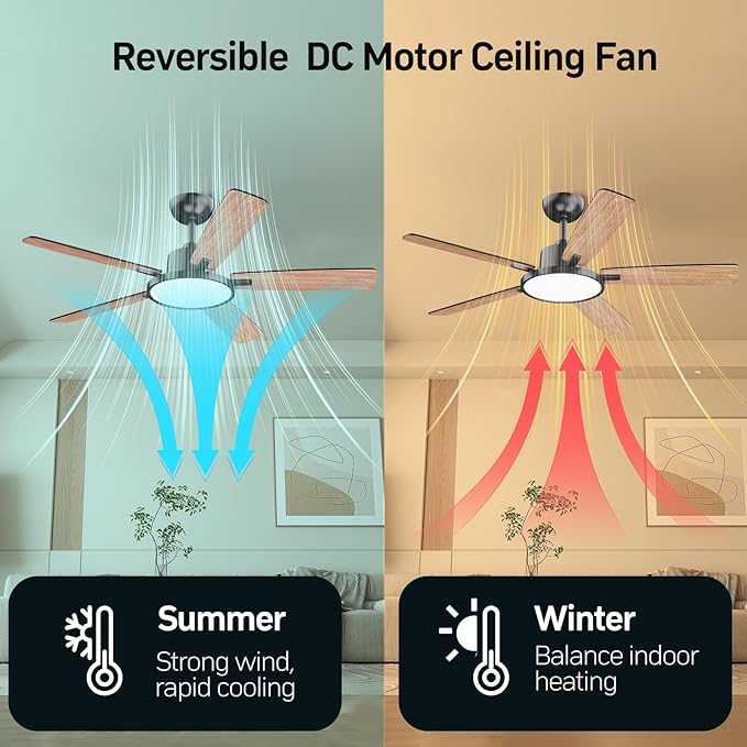 TALOYA 52 Inch Black Ceiling Fans with Lights Led Back Light Remote Control Flush Mount Low Profile for Bedroom Living Room Outdoor Patio,Reversible,DC Motor,3 Color Temperatures,5 Blades
