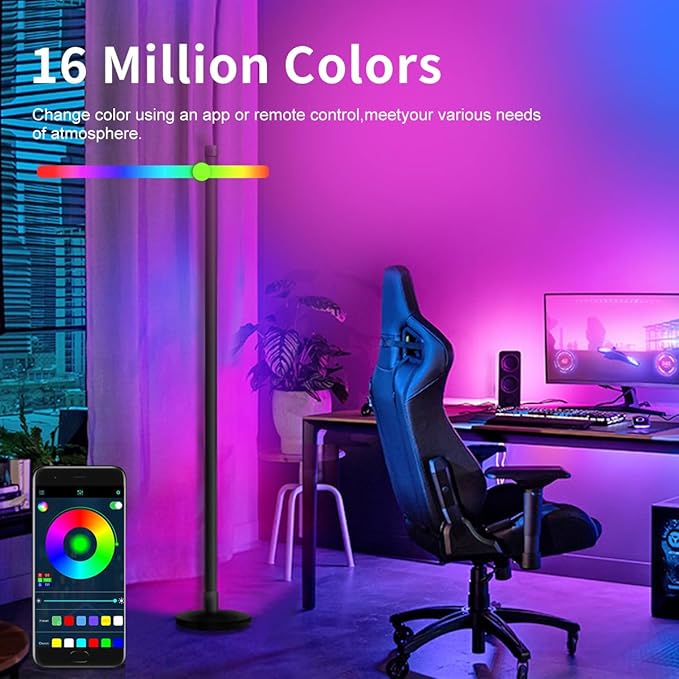LED Floor Lamp, 63-Inch RGB Corner Light with Music Sync, Smart App Control, 16 Million Colors, Remote Control for Living Room, Bedroom, Gaming Room (2 Pack)
