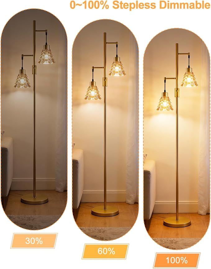 2-Light Glass Floor Lamp, Gold Tall Standing Lamps Dimmable with Brown Glass Lampshade, 3000K Warmwhite Mid Century Modern Floor Lamp for Living Room/Bedroom/Sofa Beside/Home Decor