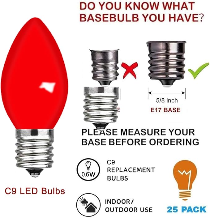 25 Pack C9 Replacement Christmas Light Bulbs, 0.6 Watt C9 Multicolor Ceramic LED Light Bulbs for Christmas Indoor Outdoor Patio Halloween Party String Lights, C9/E17 Candelabra Base