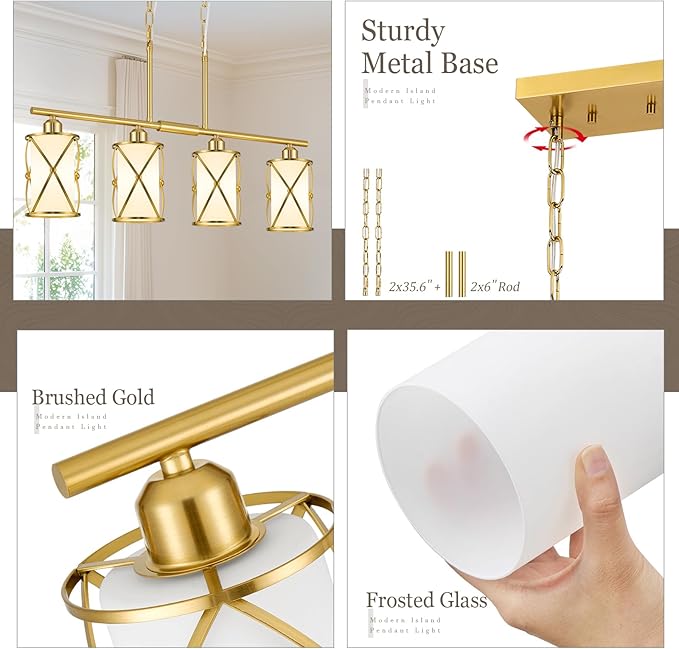 4-Light Kitchen Island Lighting, Brushed Gold Linear Dining Room Light Fixtures with Milk Glass, Modern Industrial Chandelier Pendant Light for Kitchen Island Dining Room, CH9176BGW-4IS