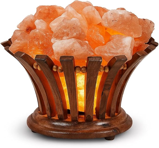 Himalayan Salt Lamp Basket – Salt Lamp with Wooden Bowl – Authentic Himalayan Crystal Night Light – Natural Pink Rock for Bedroom, Living Room, Office and Decor Gift