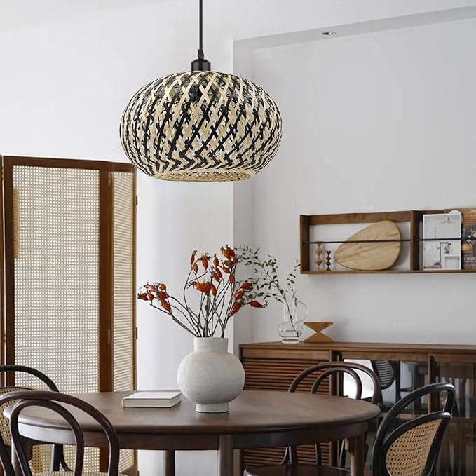 Island Pendant Light Black Natural Hand-Woven Bamboo Pendant Lights 1-Light Boho Light Fixtures Farmhouse Rustic Hanging Lamp for Living Room Dining Room Bedroom