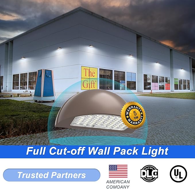 Half Moon Full Cut-Off LED Wall Pack Light with Photocell, 80W/64W/48W Power Selectable, 3CCT (3000K/4000K/5000K) Optional, IP65 Waterproof Outdoor Wall Security Light, AC120-347V, DLC UL Listed
