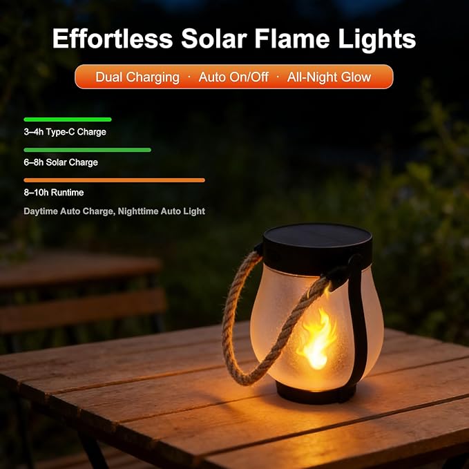 Solar Lanterns Outdoor Waterproof 4 Pack, Outdoor Solar Lanterns with Flickering Flame Effect, USB-C & Solar Charging, Auto Dusk to Dawn, Hanging Light for Garden Patio Yard