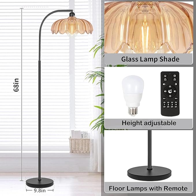 Black Floor Lamp for Living Room,Bedroom,Mid Century Modern Standing Lamp with Remote,Dimmable Brass Tall Lamp Amber Glass Lamp Vintage Retro Arc Floor Lamps Flower Floor Light Boho Bohemian
