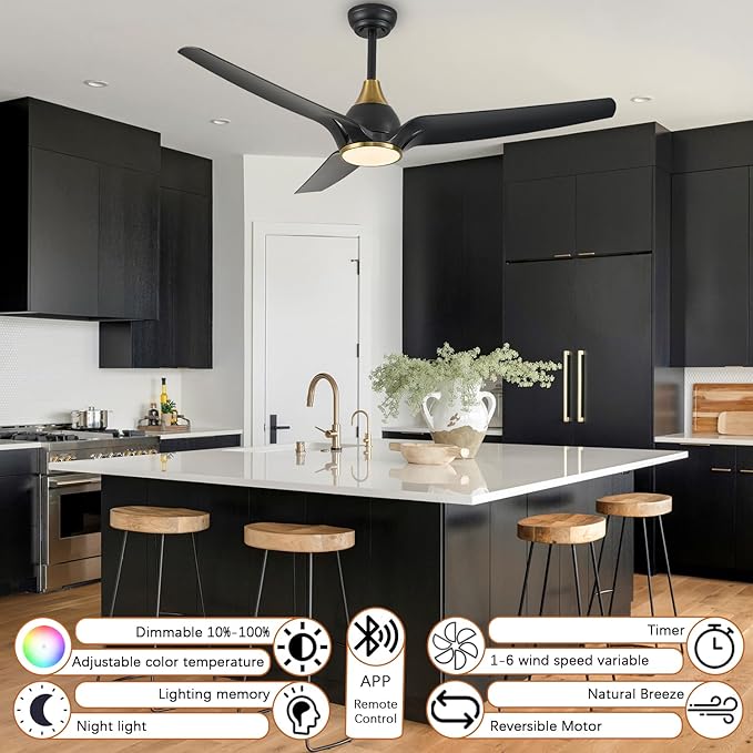 Ceiling Fans with Lights,52 inch Black Ceiling fan with App and Remote Control,Reversible modern DC ceiling fans,3CCT,Dimmable,Noiseless,Ceiling Fan for Bedroom,Living Room,Indoor/Outdoor Use