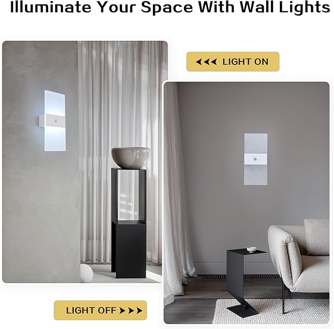 LED Dimmable Wall Sconces 2Pack,2200Mah Battery Operated Motion Sensor Magnetic Modern Wireless Wall Lamp with Button Switch Cold White for Bedroom Living Room Hallway