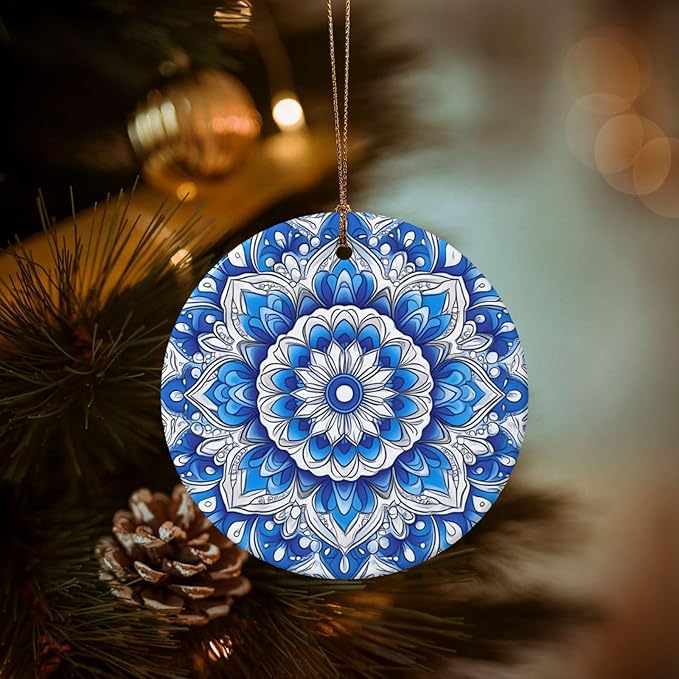 Bohemian Mandala Blue Christmas Ornaments, Christmas Decorations Xmas Tree Hanging Ornaments, Round Ceramic Festive Keepsake Gift for Xmas Decorations Holiday Home Decor