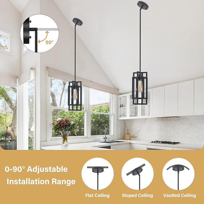 Black Pendant Lights Kitchen Island, Adjustable Modern Pendant Lights Fixture Farmhouse Mini Kitchen Pendant Lighting, Square Pendant Ceiling Hanging for Bedroom Dining Room Entryway Foyer