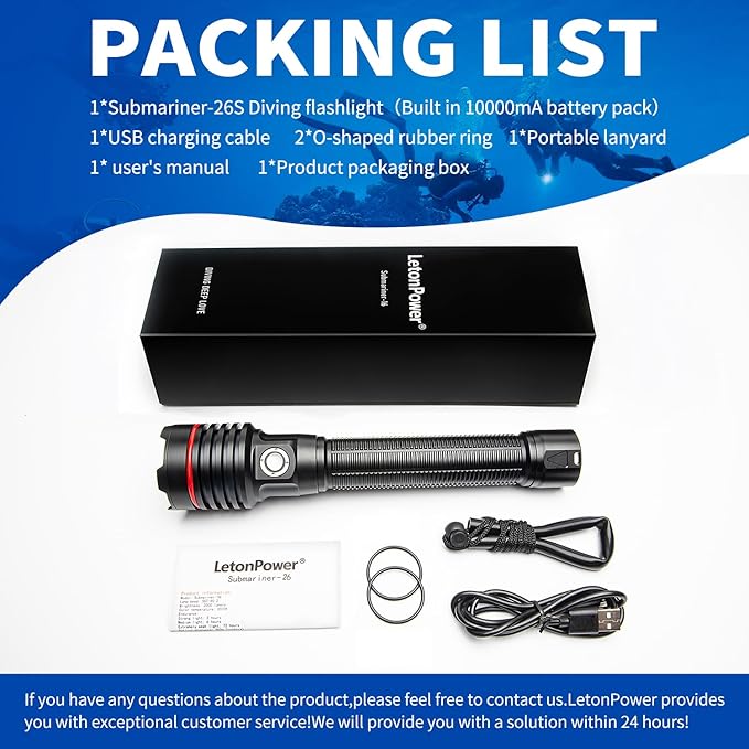 26S 5000 Lumens Dive Light - 5 Modes, 6H Long Runtime Underwater Flashlight, USB-C Rechargeable Diving Torch, IP68 Waterproof 328FT Scuba & Snorkeling Safety Dive Lights for Night Diving