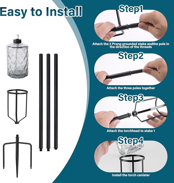 4 Pack Glass Torches, 13.5 oz Citronella Torches for Outside, Citronella Torches with 3-Prong Grounded Stake, Landscape Lanterns Torches for Garden, Patio, Party Decor (Gray)