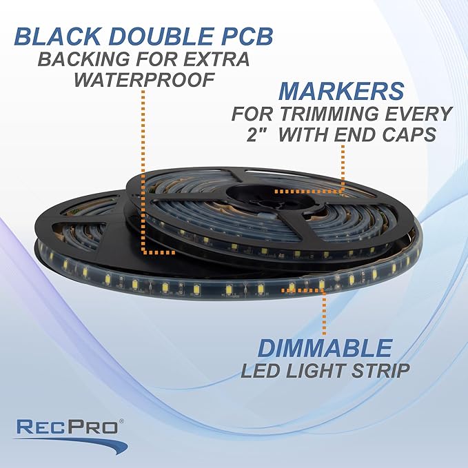 RecPro 20' Blue LED Strip Light w/White Backing | IP68 Waterproof Rating | Boat (Marine) LED Strip Light | Automobile LED Strip Light | Motorcycle LED Strip Light | Indoor/Outdoor LED Strip Light