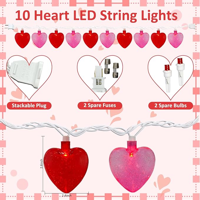 8.5Ft Valentine Red Pink Heart String Lights with 10 Red Pink 3D Heart Fairy Lights, Romantic Valentines Day Decorations Heart Lights for Mother's Day, Wedding,Anniversary Party Decoration
