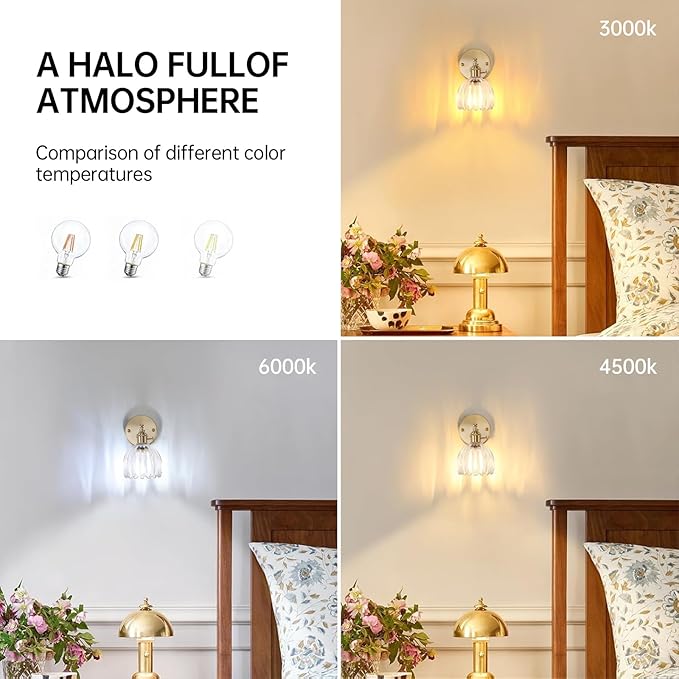 Vintage Wall Sconces Set of 2 with Cute Transparent Tulip Glass Lampshade 180 Degree Adjustable Brass Sconces Hradwired Modern Wall Lighting Fixture with Switch for Bedside Bedroom Doorway