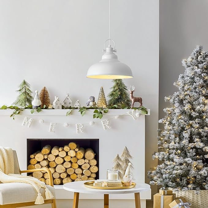 White Pendant Lights, 11.4 Inch White Dome Pendant Lights, Metal Pendant Light Fixture, Industrial Farmhouse Pendant Light 1 Pack, Island Pendant Lights for Kitchen, Dining Room, Bedroom