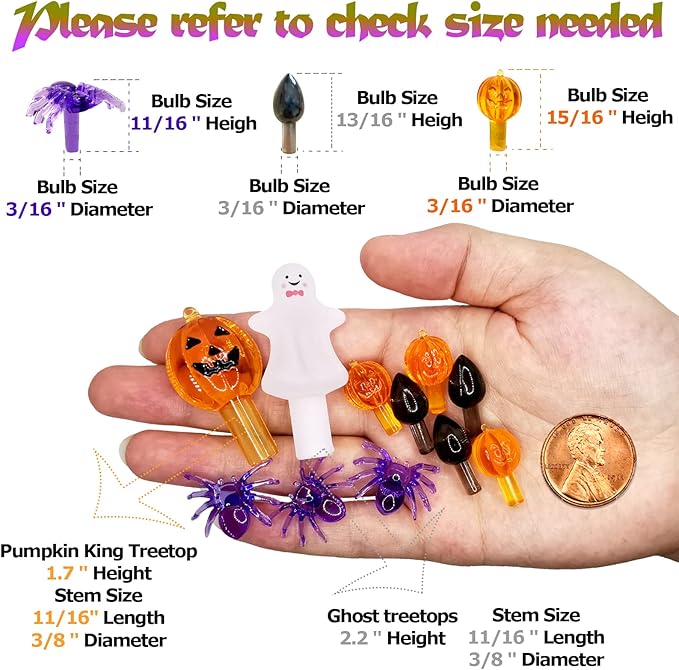 117pcs Halloween Ceramic Tree Replacement Lights Bulbs, Including Spider/Pumpkin Head/Grey Flame & 2pcs Themed Tree Tops (Including Ghost/Pumpkin King) for Decorating Holiday Trees, Etc.