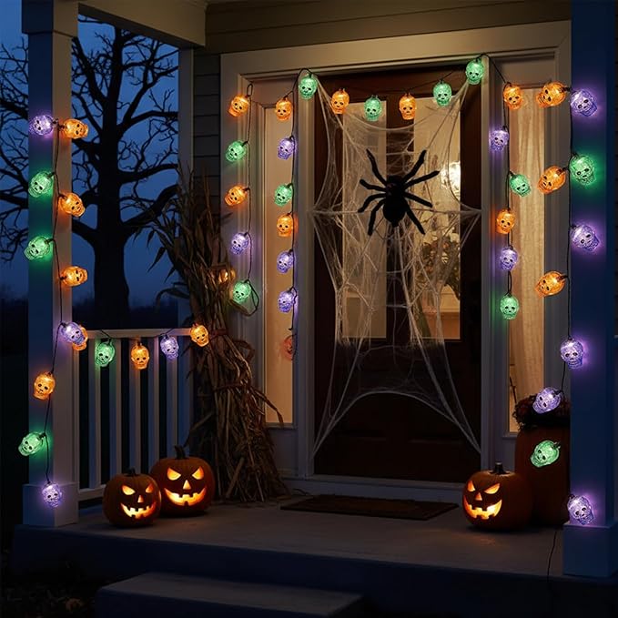 Halloween Skeleton Lights,8.5Ft Halloween Skull Lights with 10 LED Orange Purple Green Skeleton Lamp Waterproof UL Listed for Indoor Bedroom Patio Doors, Windows, Porches, Halloween Party Decor